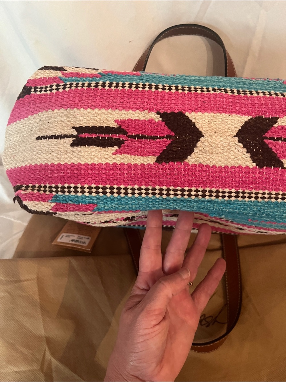 Patricia Nash Pink Turquoise Woven Stripe Tote with Brown Leather Handles - Picture 11 of 15